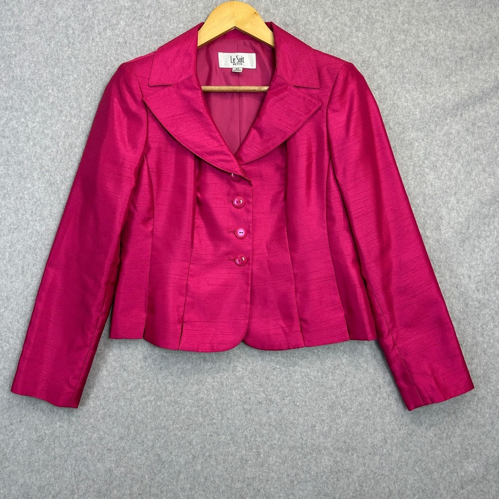 Le Suit Blazer Hot Pink Textured Button Front Preppy Career Formal Size 4 Petite